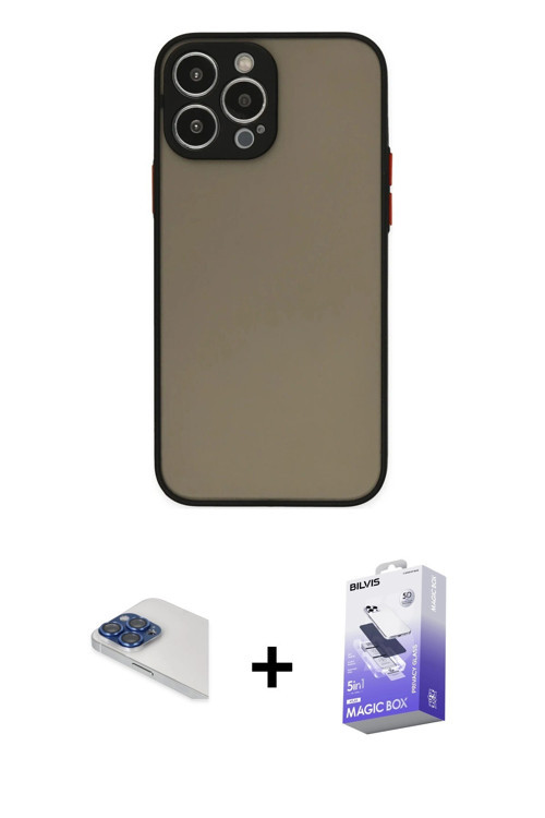 ieg™ iPhone 13 Pro Max Kılıf Ahenk Çizgi Serisi - Siyah Bilvis 5in1 5D Magic Hayalet Cam Ekran Koruy