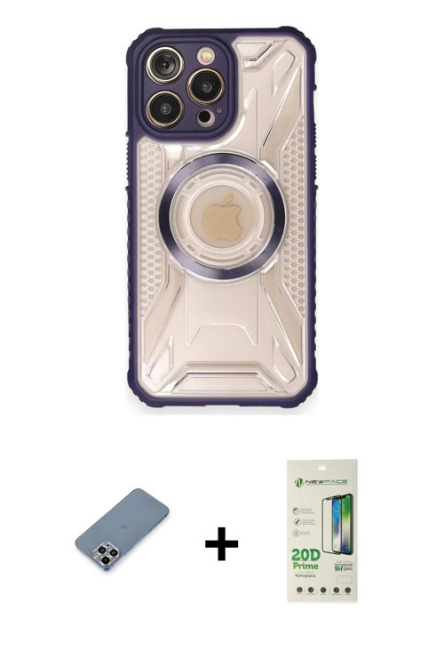 iPhone 12 Pro Max Kılıf Kutup Modern - Siyah 20D Premium Cam Ekran Koruyucu + Gümüş Metal Kamer