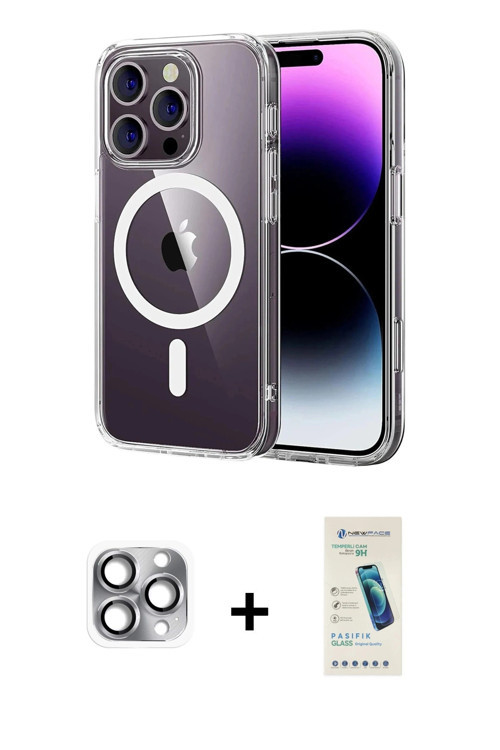 ieg™ iPhone 16 Pro Max Kılıf Ahenk Minimal Serisi - Şeffaf Pasifik Cam Ekran Koruyucu + Gri Pers Alü