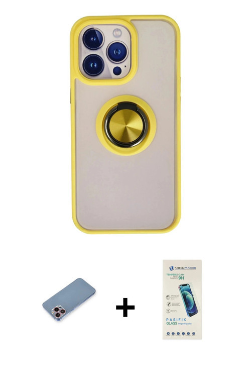 ieg™ iPhone 13 Pro Max Kılıf Yörünge Çizgi - Şeffaf Pasifik Cam Ekran Koruyucu + Pembe Shine Kamera