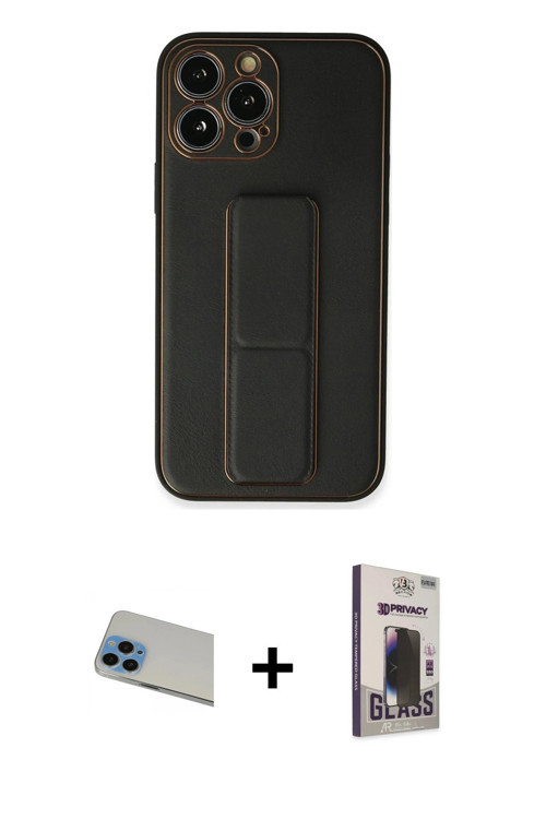 ieg™ iPhone 13 Pro Max Kılıf Akış Doku - Siyah Bilvis Hayalet Cam Ekran Koruyucu + Mavi Rainbow Kame
