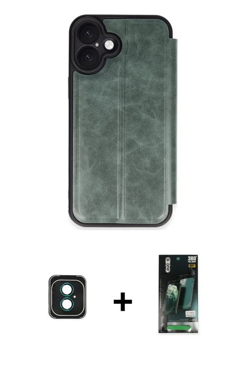 ieg™ iPhone 16 Kılıf Zirve Yansıma Serisi - Siyah 360 Mat Full Body Arka Koruyucu + Yeşil PVD Metal