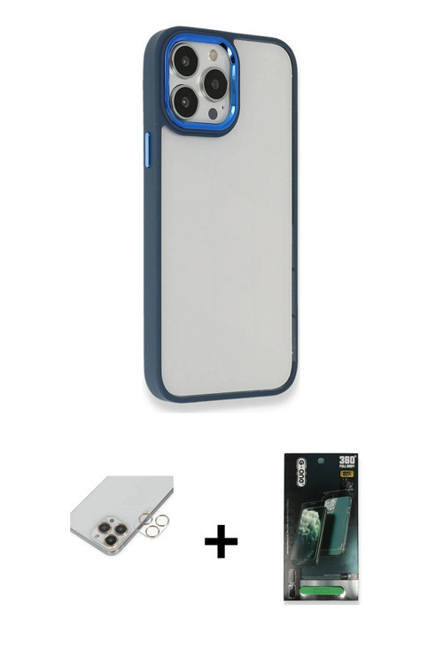 ieg™ iPhone 14 Pro Max Kılıf Eksen Doku Prime - Siyah 360 Mat Full Body Arka Koruyucu + Gold Band Me