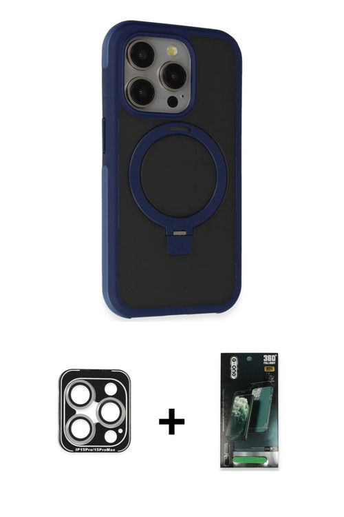 ieg™ iPhone 15 Pro Max Kılıf Ahenk Yansıma Özel Seri - Şeffaf 360 Full Body Arka Koruyucu + Gümüş PV