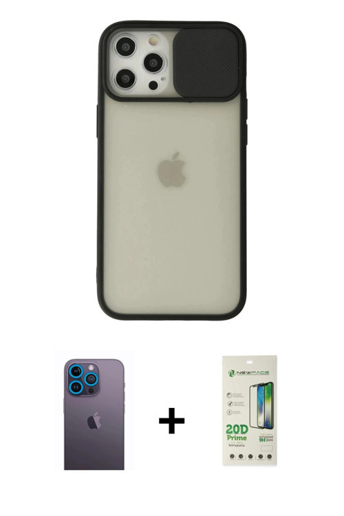 iPhone 12 Pro Max Kılıf Vadi Çizgi - Siyah 20D Premium Cam Ekran Koruyucu + Mavi Neon Fosforlu