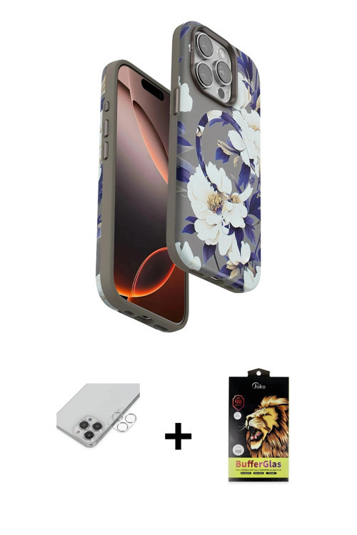 ieg™ iPhone 14 Pro Max Kılıf Siluet Doku - Siyah Buffer Cam Ekran Koruyucu + Gümüş Band Metal Kamera