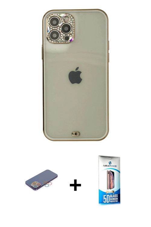 ieg™ iPhone 12 Pro Max Kılıf Eksen Minimal Koleksiyonu - Siyah 5D Eko Cam Ekran Koruyucu + Pembe Ren