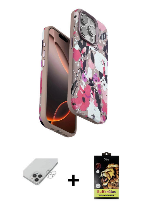 ieg™ iPhone 14 Pro Max Kılıf Siluet Doku - Siyah Buffer Cam Ekran Koruyucu + Gümüş Band Metal Kamera