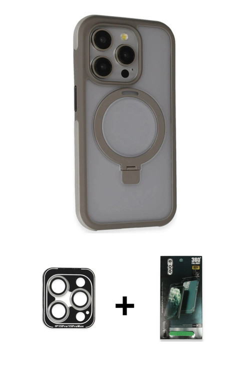 ieg™ iPhone 15 Pro Max Kılıf Ahenk Yansıma Özel Seri - Şeffaf 360 Full Body Arka Koruyucu + Gümüş PV