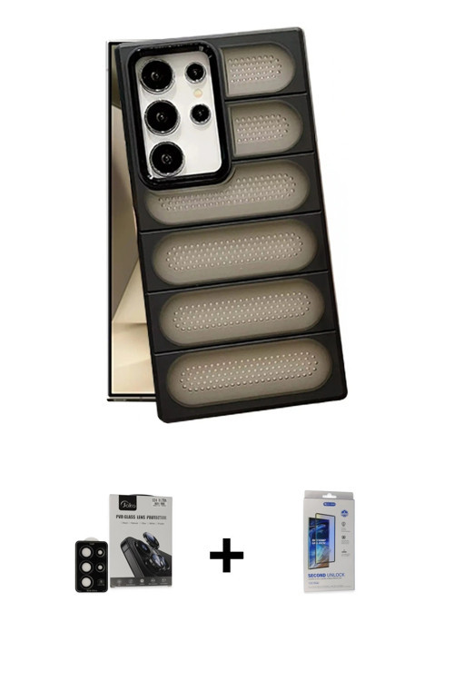 ieg™ Galaxy S24 Ultra Kılıf Yadigar Doku Özel Seri - Siyah Durable Full Glue Curved Cam + Siyah PVD