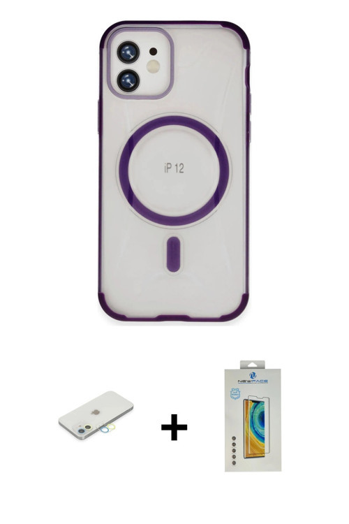 iPhone 12 Kılıf Eksen Klasik Koleksiyonu - Siyah Polymer Nano Ekran Koruyucu + Sarı Renkli Kame