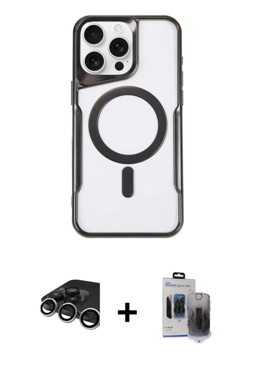 ieg™ iPhone 15 Pro Max Kılıf Yadigar Klasik Özel Seri - Siyah Vanessa Magic Hayalet Cam + Gümüş Raze