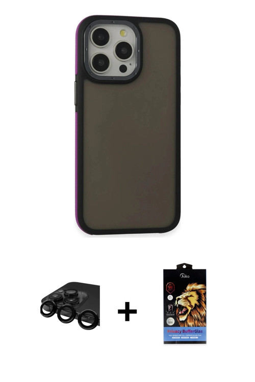 ieg™ iPhone 15 Pro Max Kılıf Eksen Işık - Siyah Buffer Hayalet Cam Ekran Koruyucu + Siyah Raze Metal