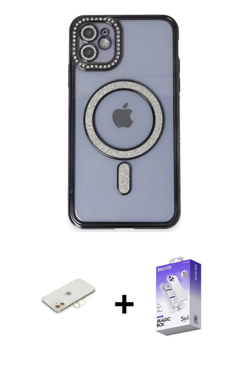 iPhone 11 Kılıf Zirve Doku Prime - Siyah Bilvis 5in1 3D Magic Cam Ekran Koruyucu + Sarı Renkli