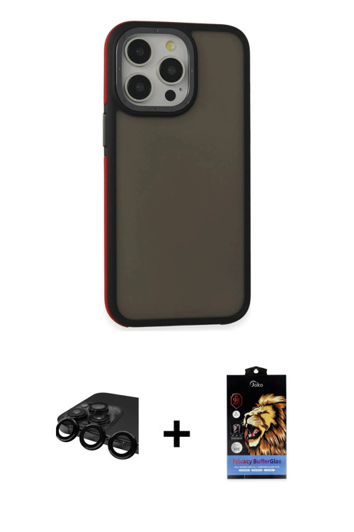 ieg™ iPhone 15 Pro Max Kılıf Eksen Işık - Siyah Buffer Hayalet Cam Ekran Koruyucu + Siyah Raze Metal