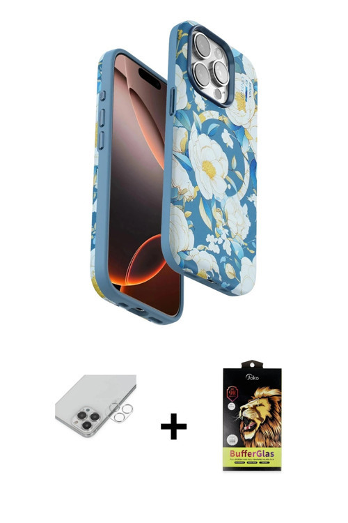 ieg™ iPhone 14 Pro Max Kılıf Siluet Doku - Siyah Buffer Cam Ekran Koruyucu + Gümüş Band Metal Kamera