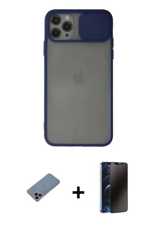 iPhone 11 Pro Max Kılıf Vadi Çizgi - Siyah 3D Antistatik Hayalet Cam Ekran Koruyucu + Pembe Shi
