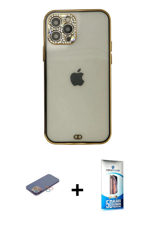 ieg™ iPhone 12 Pro Max Kılıf Eksen Minimal Koleksiyonu - Siyah 5D Eko Cam Ekran Koruyucu + Pembe Ren