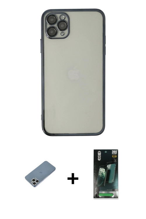 iPhone 11 Pro Kılıf Vadi Minimal - Şeffaf 360 Full Body Arka Koruyucu + Gümüş Shine Kamera Lens