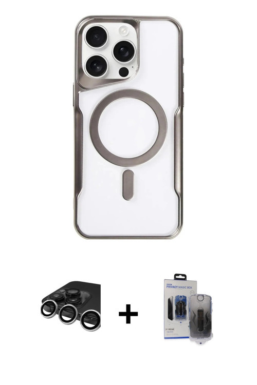 ieg™ iPhone 15 Pro Max Kılıf Yadigar Klasik Özel Seri - Siyah Vanessa Magic Hayalet Cam + Gümüş Raze