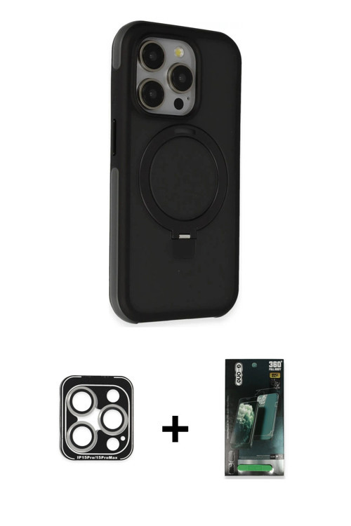 ieg™ iPhone 15 Pro Max Kılıf Ahenk Yansıma Özel Seri - Şeffaf 360 Full Body Arka Koruyucu + Gümüş PV
