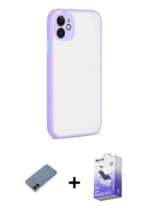 iPhone 12 Kılıf Ahenk Çizgi Serisi - Siyah Bilvis 5in1 5D Magic Hayalet Cam Ekran Koruyucu + Ma