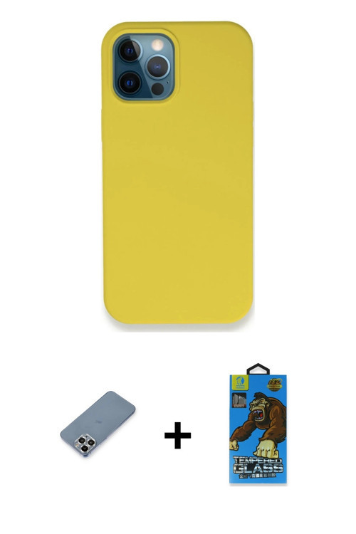 ieg™ iPhone 12 Pro Max Kılıf Zirve Modern Özel Seri - Siyah 18D Cam Ekran Koruyucu + Gümüş Metal Kam