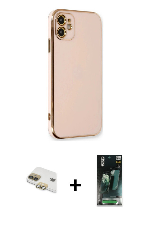ieg™ iPhone 11 Kılıf Yankı Serisi - Şeffaf 360 Full Body Arka Koruyucu + Gold Pers Alüminyum Kamera