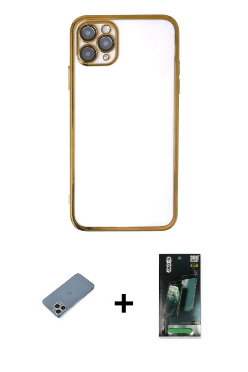 iPhone 11 Pro Kılıf Vadi Minimal - Şeffaf 360 Full Body Arka Koruyucu + Gümüş Shine Kamera Lens