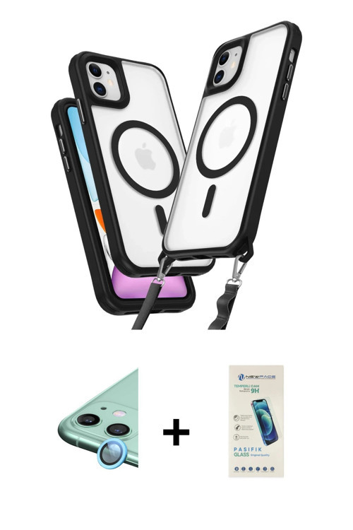 ieg™ iPhone 11 Kılıf Atlas Doku Koleksiyonu - Şeffaf Pasifik Cam Ekran Koruyucu + Mavi Raze Metal Ka