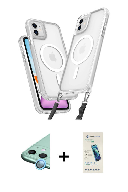 ieg™ iPhone 11 Kılıf Atlas Doku Koleksiyonu - Şeffaf Pasifik Cam Ekran Koruyucu + Mavi Raze Metal Ka