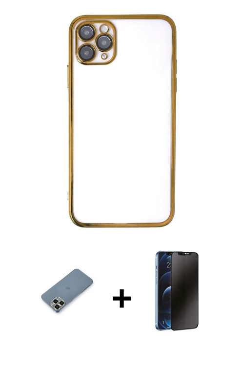 iPhone 11 Pro Max Kılıf Vadi Minimal - Siyah 3D Antistatik Hayalet Cam Ekran Koruyucu + Gold Me