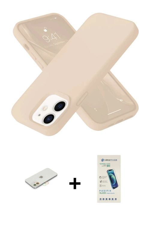 ieg™ iPhone 12 Kılıf Ahenk Serisi - Şeffaf Pasifik Cam Ekran Koruyucu + Turuncu Renkli Kamera Lens K