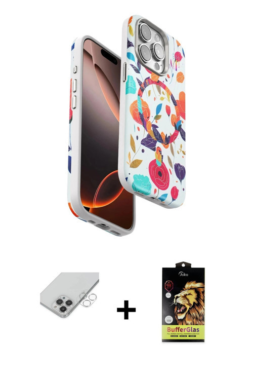 ieg™ iPhone 14 Pro Max Kılıf Siluet Doku - Siyah Buffer Cam Ekran Koruyucu + Gümüş Band Metal Kamera