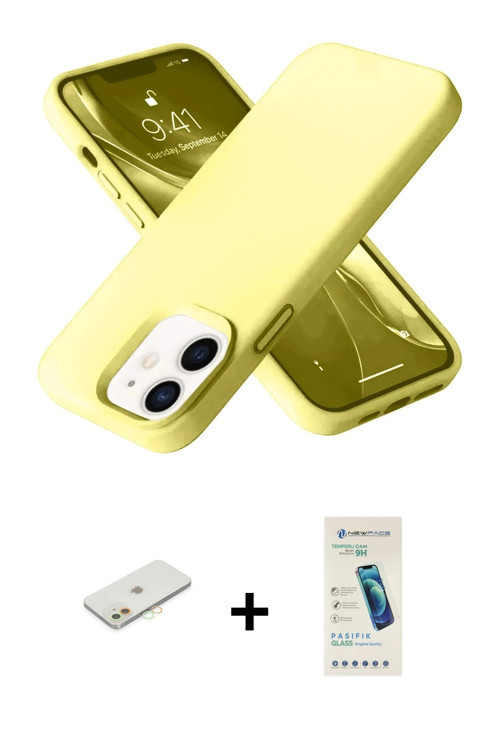 ieg™ iPhone 12 Kılıf Ahenk Serisi - Şeffaf Pasifik Cam Ekran Koruyucu + Turuncu Renkli Kamera Lens K
