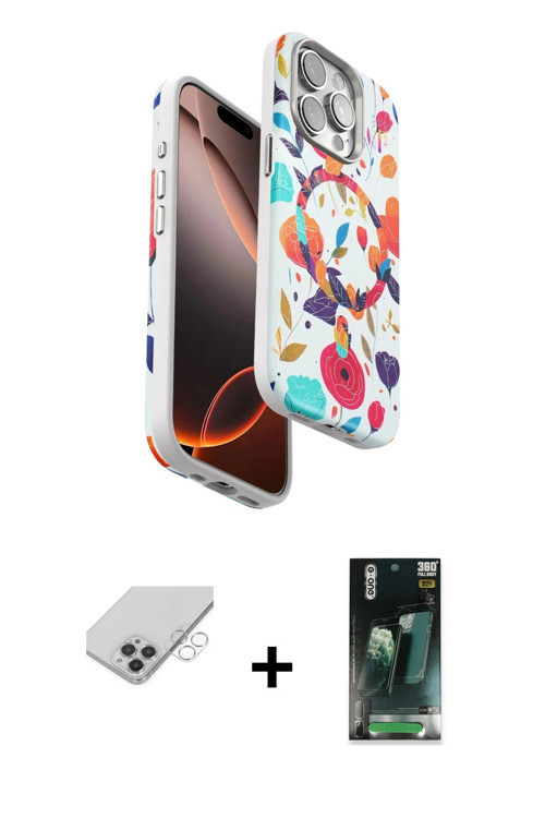 iPhone 14 Pro Max Kılıf Siluet Doku - Şeffaf 360 Full Body Arka Koruyucu + Gümüş Band Metal Kam