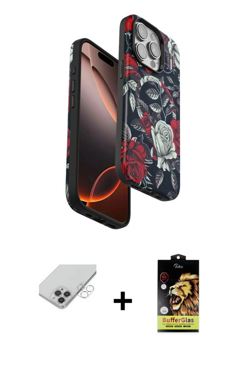 ieg™ iPhone 14 Pro Max Kılıf Siluet Doku - Siyah Buffer Cam Ekran Koruyucu + Gümüş Band Metal Kamera