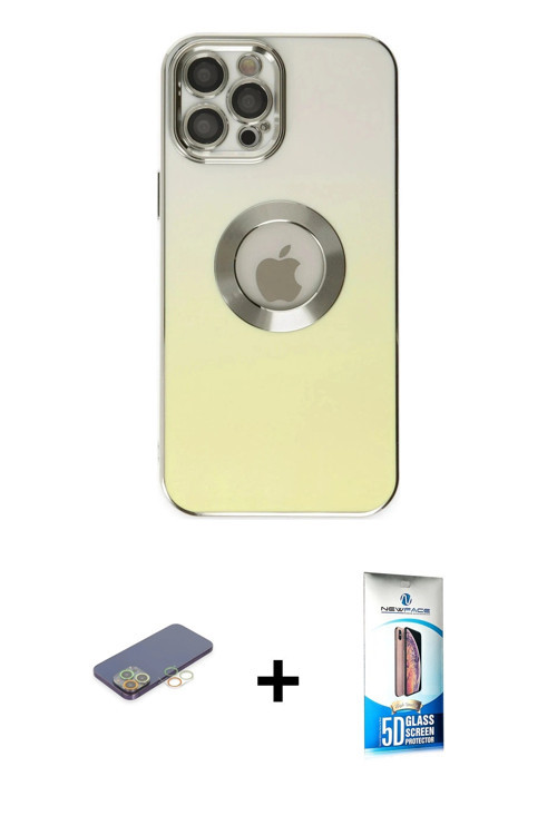 iPhone 12 Pro Max Kılıf Kutup Yansıma Özel Seri - Siyah 5D Eko Cam Ekran Koruyucu + Sarı Renkli