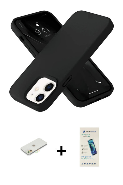 ieg™ iPhone 12 Kılıf Ahenk Serisi - Şeffaf Pasifik Cam Ekran Koruyucu + Turuncu Renkli Kamera Lens K