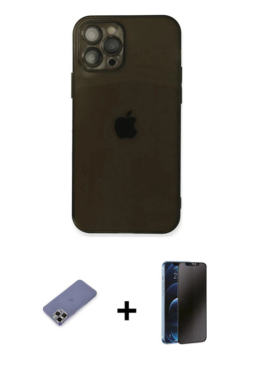 iPhone 12 Pro Kılıf Ahenk Doku - Siyah 3D Antistatik Hayalet Cam Ekran Koruyucu + Gold Metal Ka