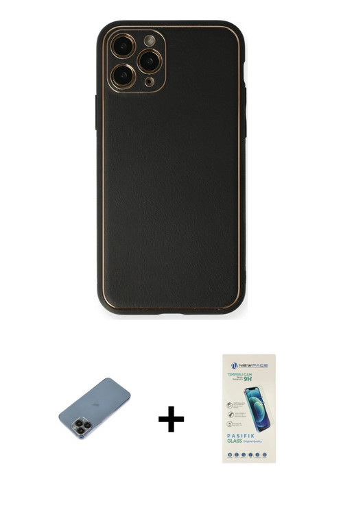 ieg™ iPhone 11 Pro Max Kılıf Yadigar Klasik - Şeffaf Pasifik Cam Ekran Koruyucu + Siyah Shine Kamera