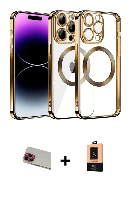 ieg™ iPhone 13 Pro Max Kılıf Pusula Form - Şeffaf Maxco Cam Ekran Koruyucu + Kırmızı Rainbow Kamera