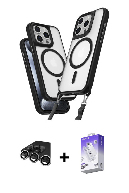 iPhone 15 Pro Max Kılıf Atlas Doku Koleksiyonu - Siyah Bilvis 5in1 3D Magic Cam Ekran Koruyucu