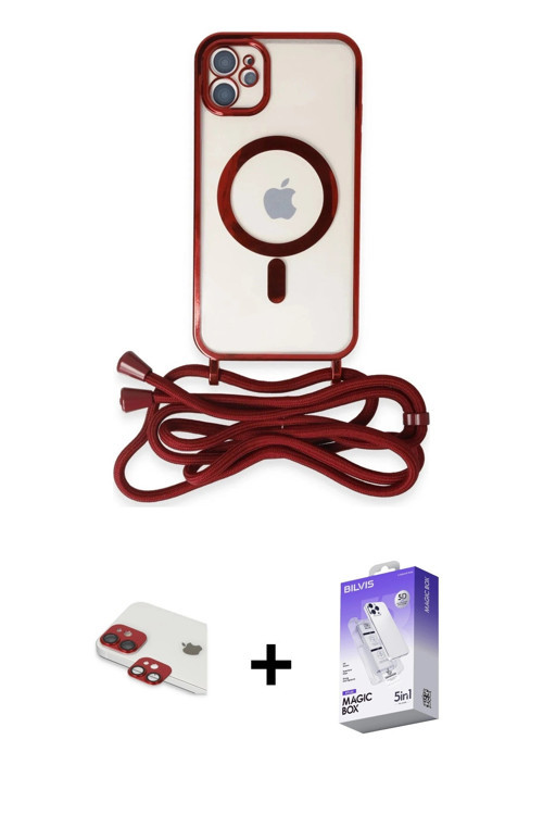 iPhone 11 Kılıf Eksen Özel Seri - Siyah Bilvis 5in1 3D Magic Cam Ekran Koruyucu + Kırmızı Pers
