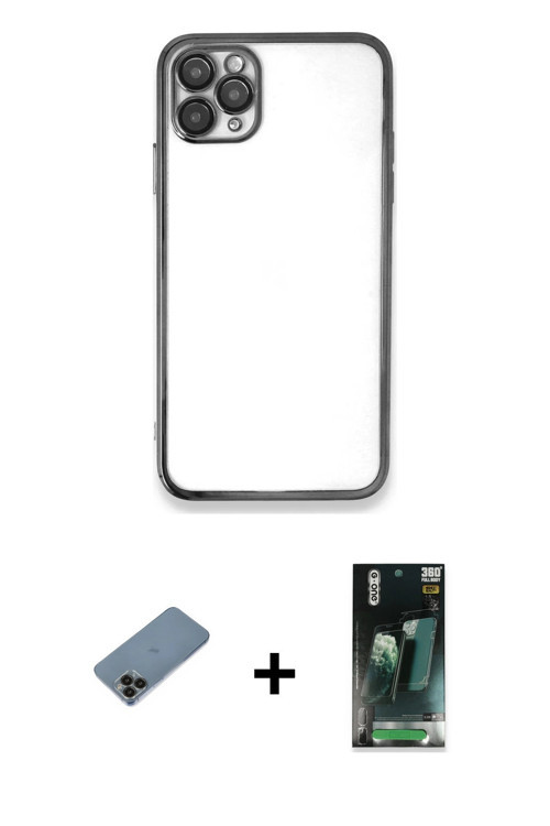 ieg™ iPhone 11 Pro Max Kılıf Vadi Minimal - Şeffaf 360 Full Body Arka Koruyucu + Siyah Shine Kamera