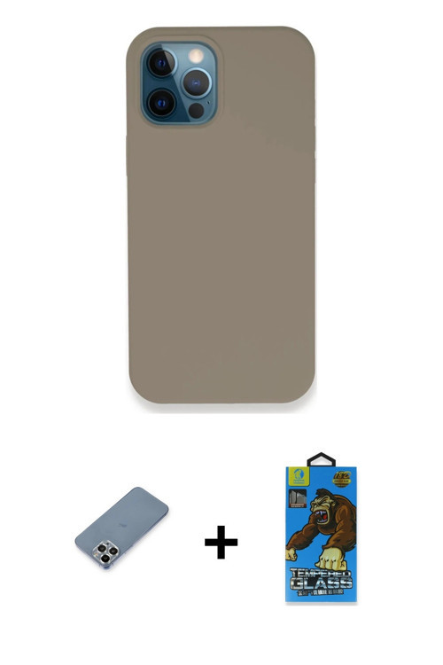 ieg™ iPhone 12 Pro Max Kılıf Zirve Modern Özel Seri - Siyah 18D Cam Ekran Koruyucu + Gümüş Metal Kam