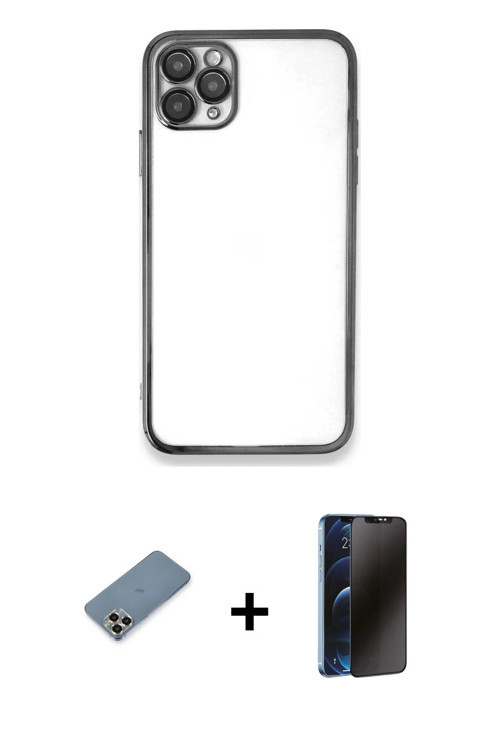 iPhone 11 Pro Max Kılıf Vadi Minimal - Siyah 3D Antistatik Hayalet Cam Ekran Koruyucu + Gold Me