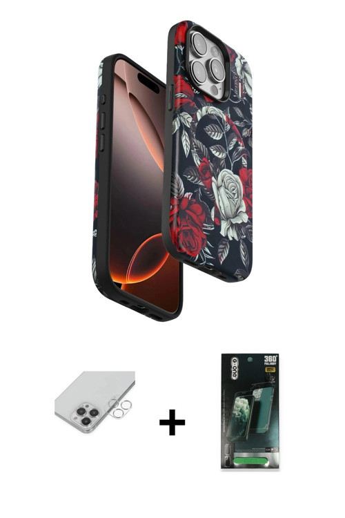 iPhone 14 Pro Max Kılıf Siluet Doku - Şeffaf 360 Full Body Arka Koruyucu + Gümüş Band Metal Kam