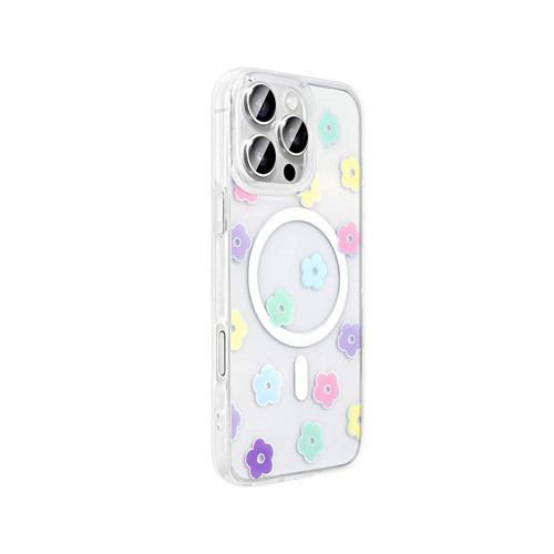 iPhone 16 Pro Max uyumlu Kılıf Folk M-Safe Şarj Özellikli Şeffaf Desenli Papatya