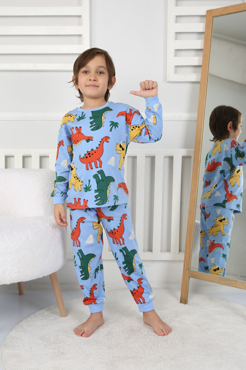 Dinozor Desenli Erkek Çocuk Pijama Takımı Mavi